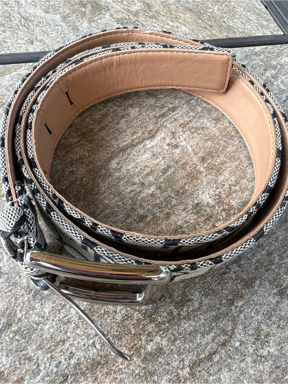 Calvin Klein Black & White Logo-Patterned Men's Belt with Silver Buckle